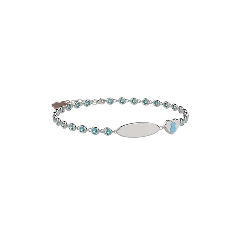 Bracciale Tennis in Argento 925 con pietre azzurre e targhetta incidibil