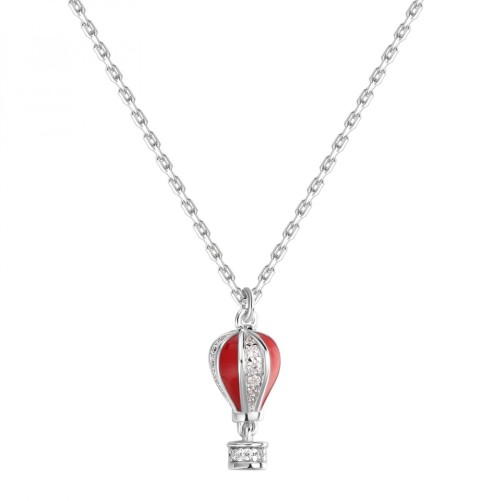 Collana corta in argento 925‰ con pendente a forma di mongolfiera, smalti colorati, 28 cubic zirconia bianchi