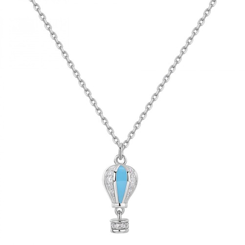 Collana corta in argento 925‰ con pendente a forma di mongolfiera, smalti colorati, 28 cubic zirconia bianchi