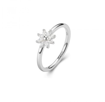 Anello solitario con fiore in argento 925‰, 8 cubic zirconia bianchi
