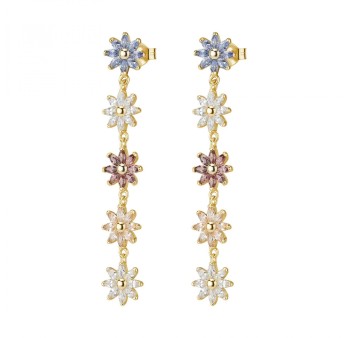 Orecchini pendenti fiori in argento 925‰, placcatura oro giallo, 80 cubic zirconia bianchi, rodolite, blu e champagne