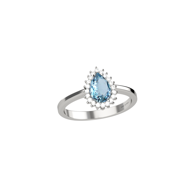 Anello goccia in oro bianco con acquamarina e diamanti