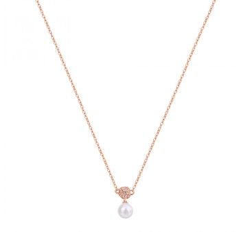Collana corta in argento 925‰, placcatura oro rosa, 21 cubic zirconia bianchi, 1 perla naturale