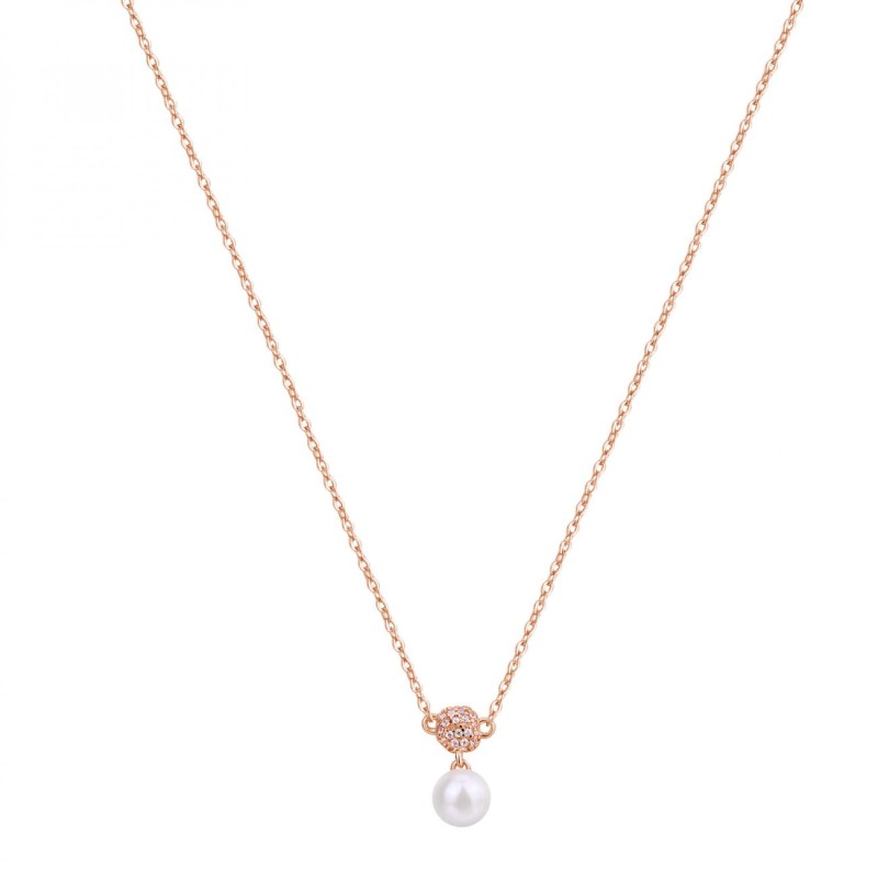 Collana corta in argento 925‰, placcatura oro rosa, 21 cubic zirconia bianchi, 1 perla naturale