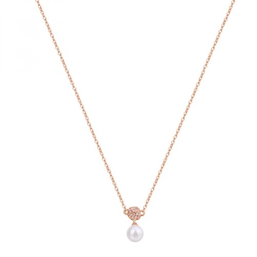 Collana corta in argento 925‰, placcatura oro rosa, 21 cubic zirconia bianchi, 1 perla naturale
