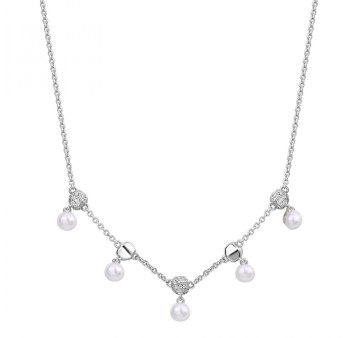 Collana corta in argento 925‰, 63 cubic zirconia bianchi, 5 perle naturali