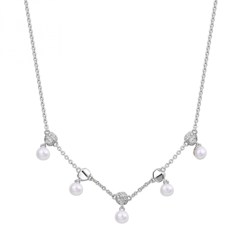 Collana corta in argento 925‰, 63 cubic zirconia bianchi, 5 perle naturali