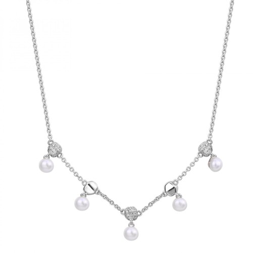 Collana corta in argento 925‰, 63 cubic zirconia bianchi, 5 perle naturali