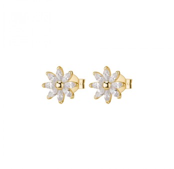 Orecchini con fiore a lobo in argento 925‰, placcatura oro giallo, 16 cubic zirconia bianchi