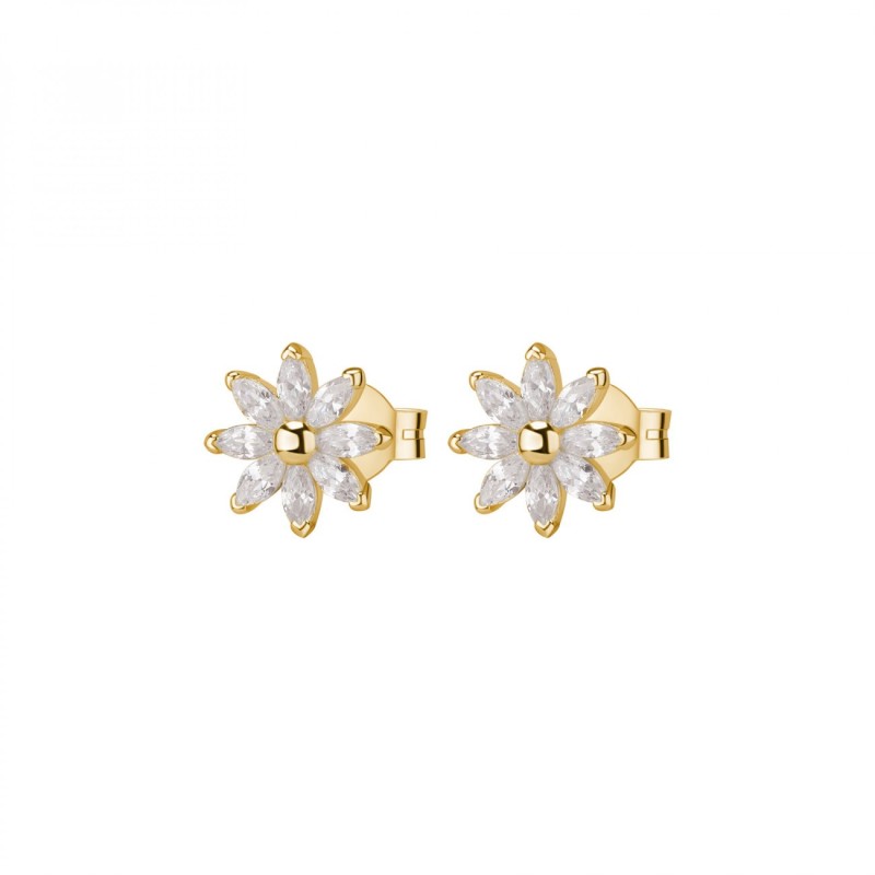 Orecchini con fiore a lobo in argento 925‰, placcatura oro giallo, 16 cubic zirconia bianchi
