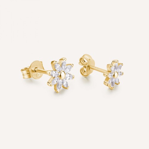 Orecchini con fiore a lobo in argento 925‰, placcatura oro giallo, 16 cubic zirconia bianchi