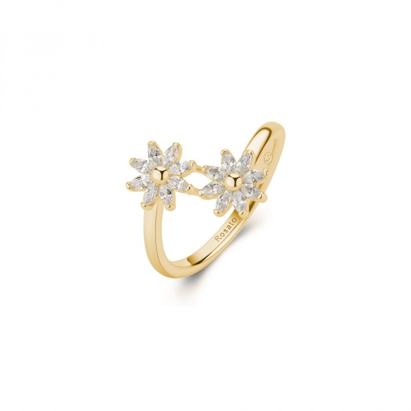 Anello aperto con doppi fiori in argento 925‰, placcatura oro giallo, 16 cubic zirconia bianchi