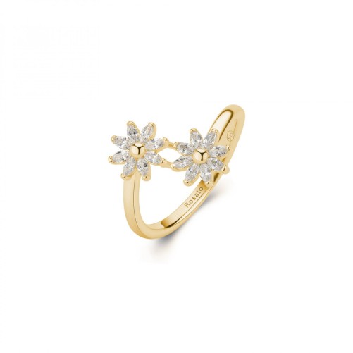 Anello aperto con doppi fiori in argento 925‰, placcatura oro giallo, 16 cubic zirconia bianchi