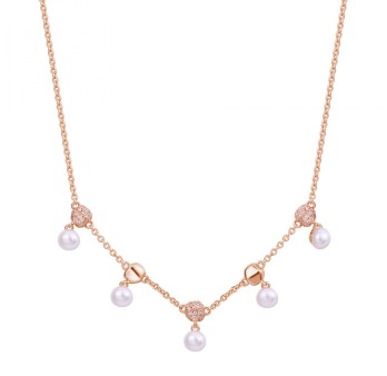 Collana corta in argento 925‰, placcatura oro rosa, 63 cubic zirconia bianchi, 5 perle naturali