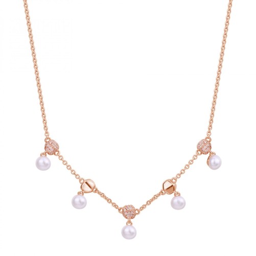 Collana corta in argento 925‰, placcatura oro rosa, 63 cubic zirconia bianchi, 5 perle naturali