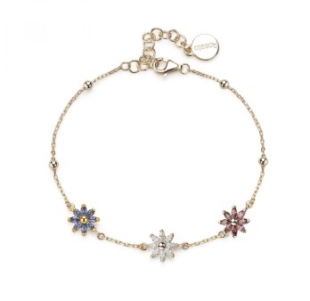 Bracciale morbido in argento 925‰, placcatura oro giallo, 24 cubic zirconia bianchi, rodolite, blu