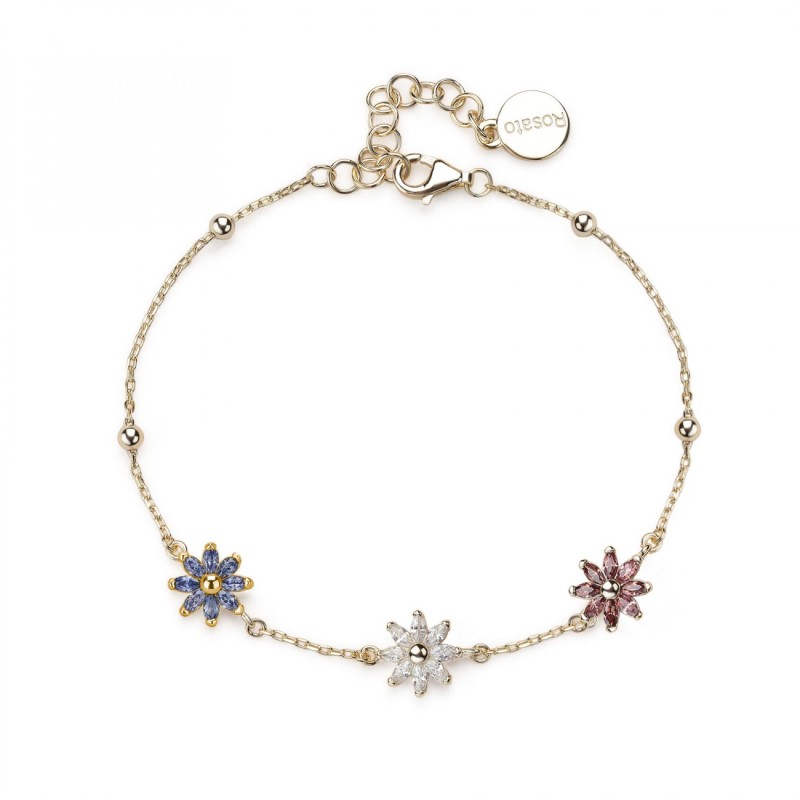 Bracciale morbido in argento 925‰, placcatura oro giallo, 24 cubic zirconia bianchi, rodolite, blu