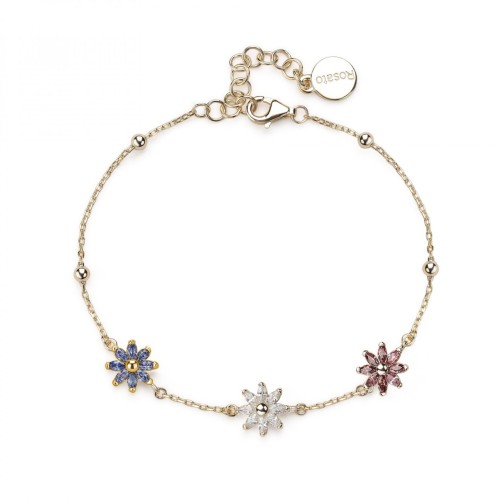 Bracciale morbido in argento 925‰, placcatura oro giallo, 24 cubic zirconia bianchi, rodolite, blu