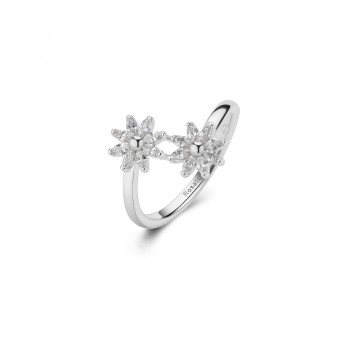 Anello aperto con doppi fiori in argento 925‰, 16 cubic zirconia bianchi