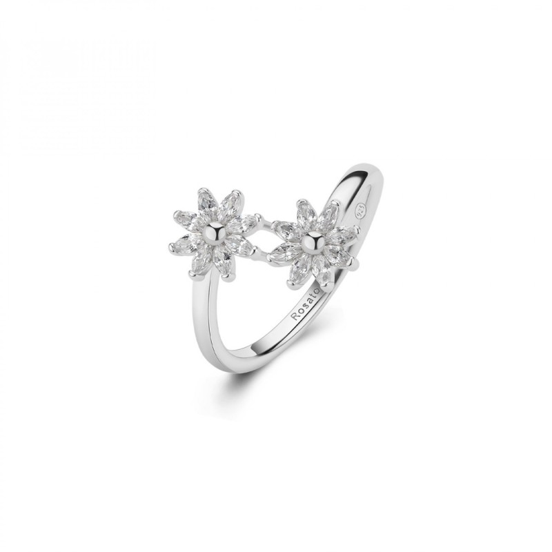 Anello aperto con doppi fiori in argento 925‰, 16 cubic zirconia bianchi
