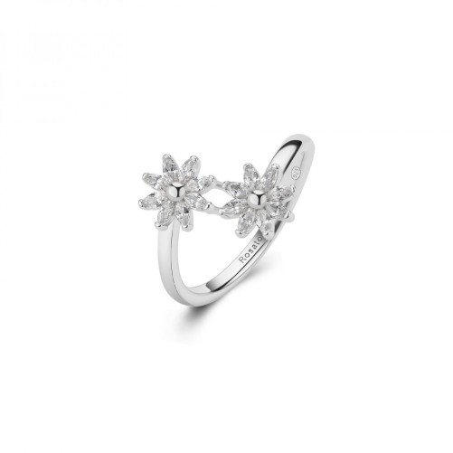 Anello aperto con doppi fiori in argento 925‰, 16 cubic zirconia bianchi