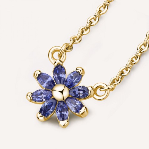 Collana corta in argento 925‰, placcatura oro giallo, 8 cubic zirconia blu