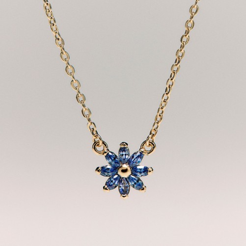 Collana corta in argento 925‰, placcatura oro giallo, 8 cubic zirconia blu