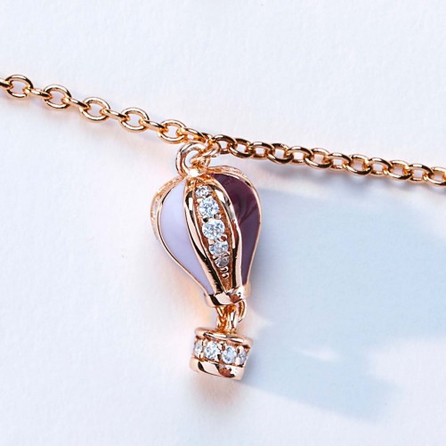 Collana corta in argento 925‰ con pendente a forma di mongolfiera, placcatura oro rosa, smalti colorati