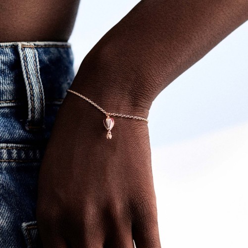 Collana corta in argento 925‰ con pendente a forma di mongolfiera, placcatura oro rosa, smalti colorati